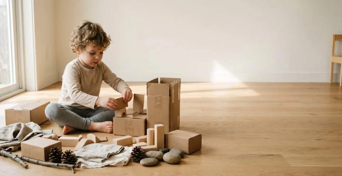 Child engaged in independent imaginative play with loose parts