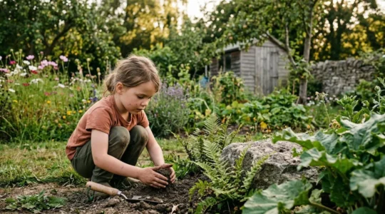 Child exploring natural outdoor environment to develop healthy immune system