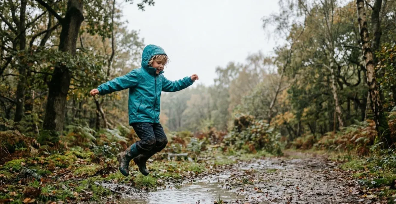 Young child wearing breathable waterproof jacket exploring outdoors in light rain, staying active and comfortable