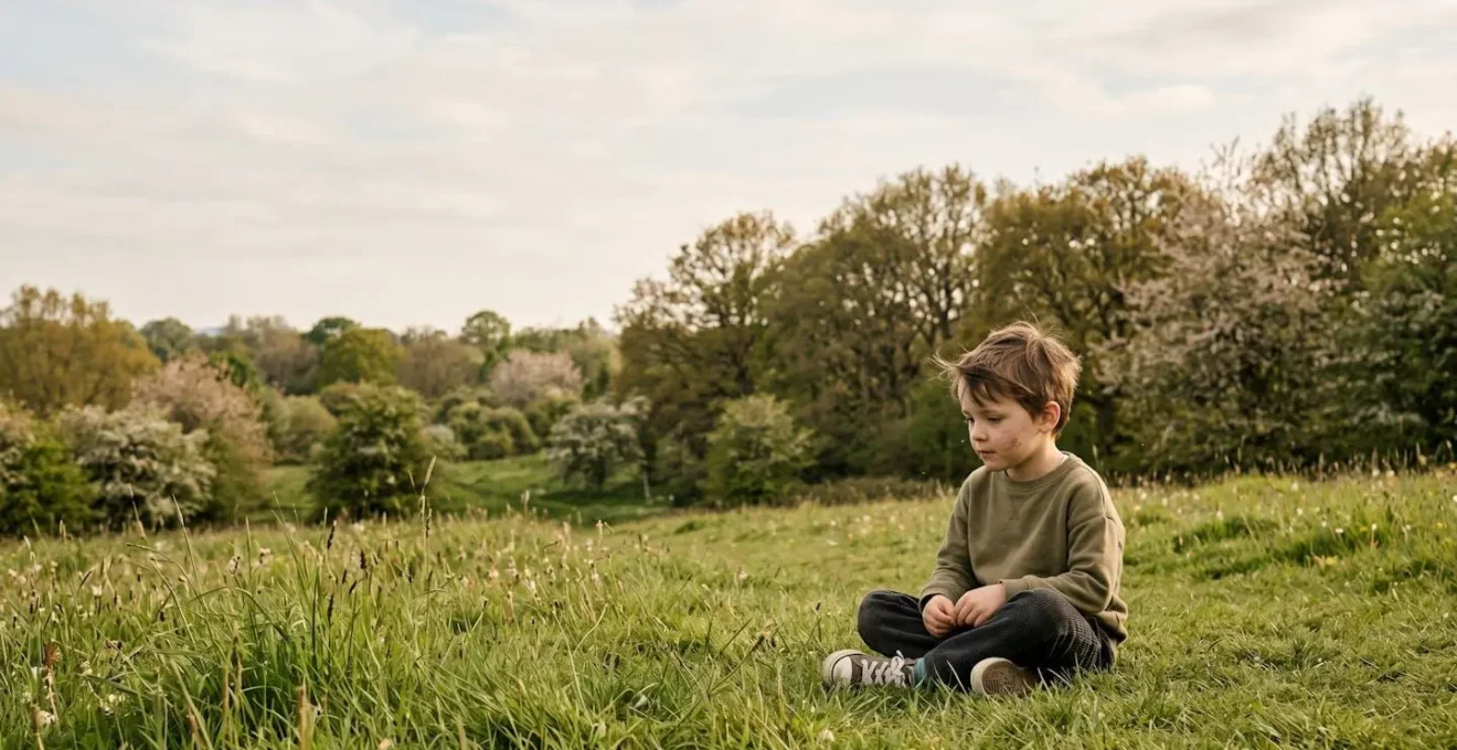 Child in natural outdoor setting during allergy season with environmental context