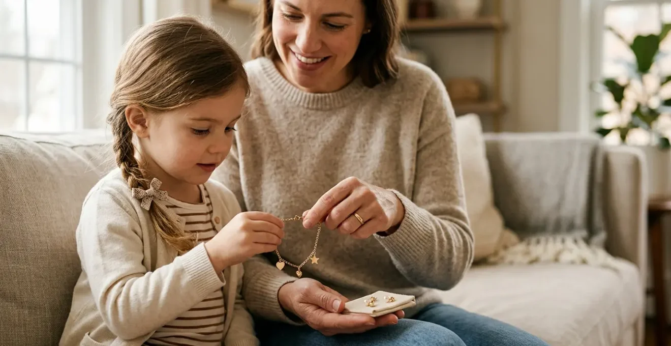 Parent gently examining delicate children's jewelry pieces while child sits nearby in safe home environment