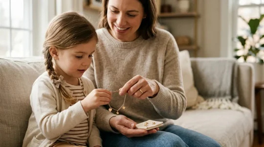 Parent gently examining delicate children's jewelry pieces while child sits nearby in safe home environment