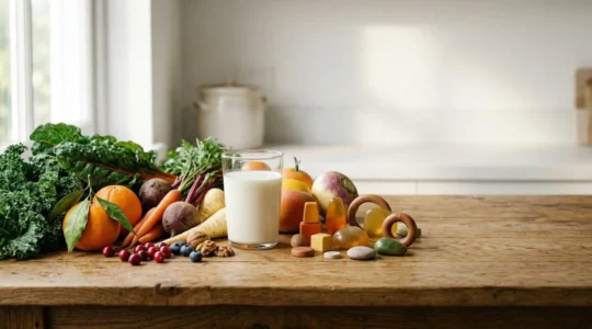 Child nutrition and winter wellness concept with fresh produce and supplements