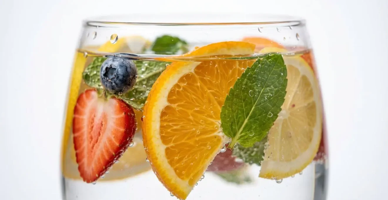 Close-up of fresh fruit slices floating in clear water with gentle light refraction, emphasizing natural hydration without added sugars