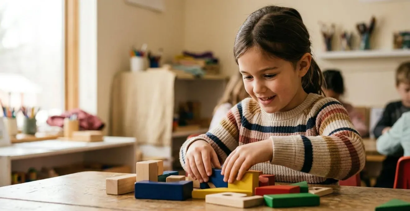 Child actively engaged in hands-on learning activity with physical manipulatives in bright classroom setting