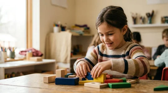 Child actively engaged in hands-on learning activity with physical manipulatives in bright classroom setting