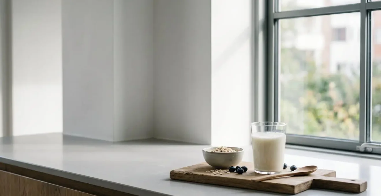 Wide environmental shot of natural fermented foods in kitchen setting showing whole food context