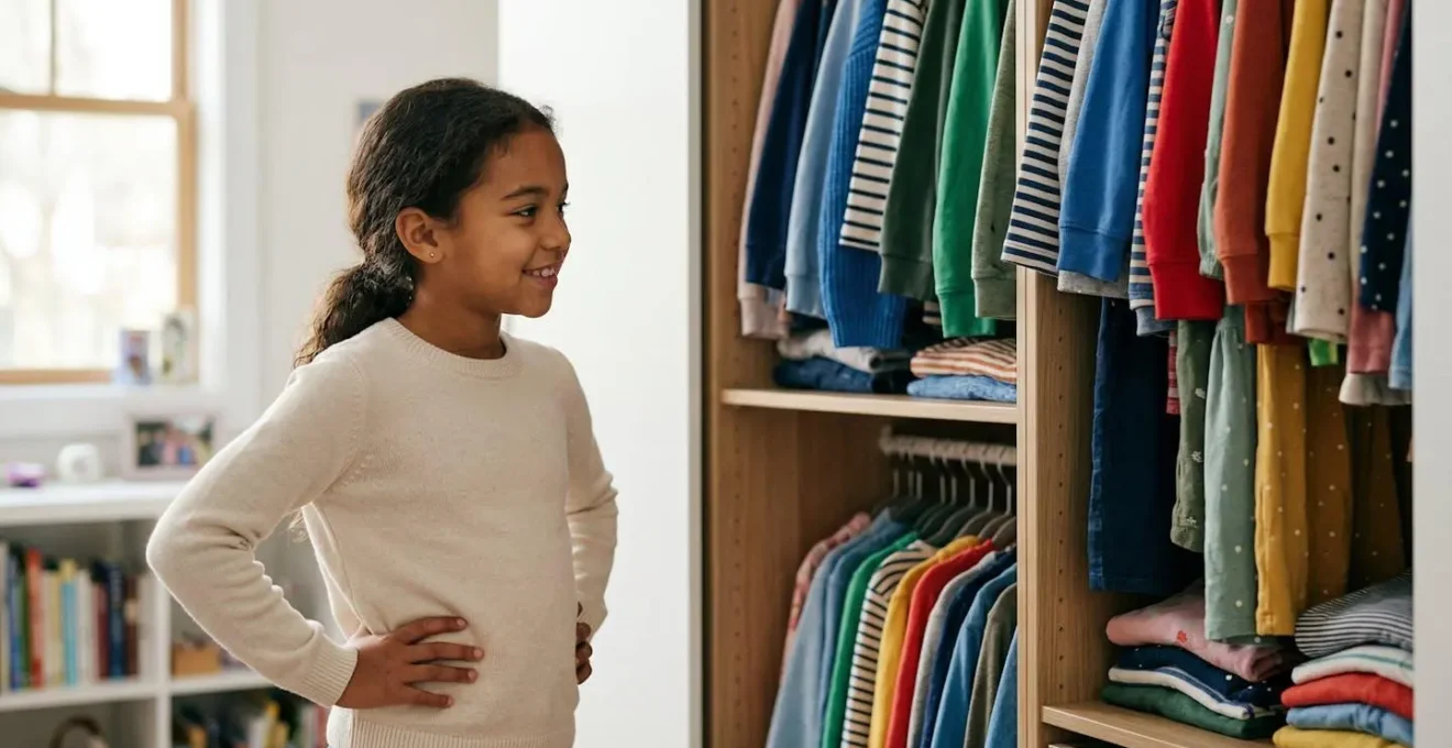 Confident child choosing clothes expressing personal style and creativity