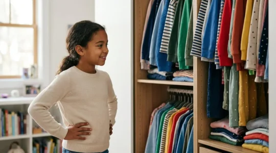 Confident child choosing clothes expressing personal style and creativity