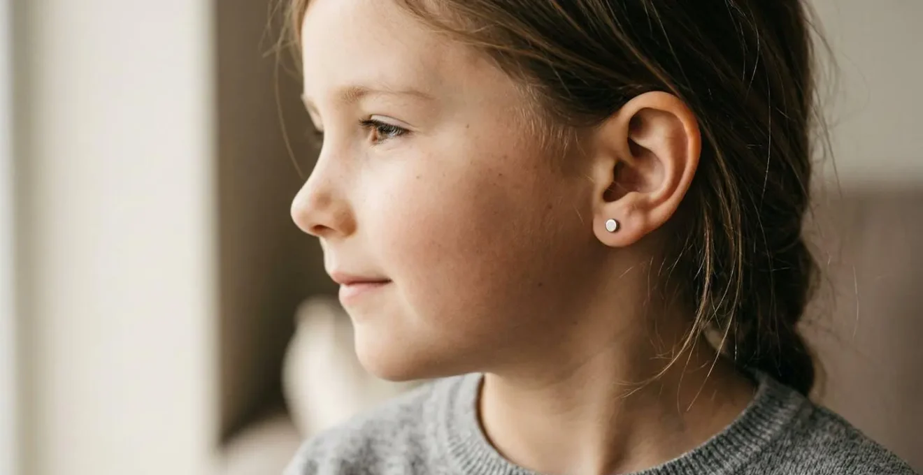 Close-up of child's ear with lightweight titanium stud earring showing proper fit and safe placement