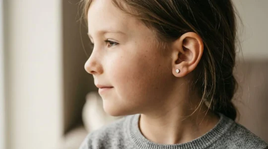 Close-up of child's ear with lightweight titanium stud earring showing proper fit and safe placement