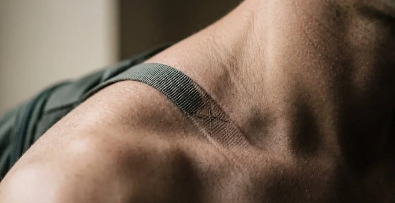 Close-up view of shoulder and neck muscles showing tension from improperly adjusted backpack straps