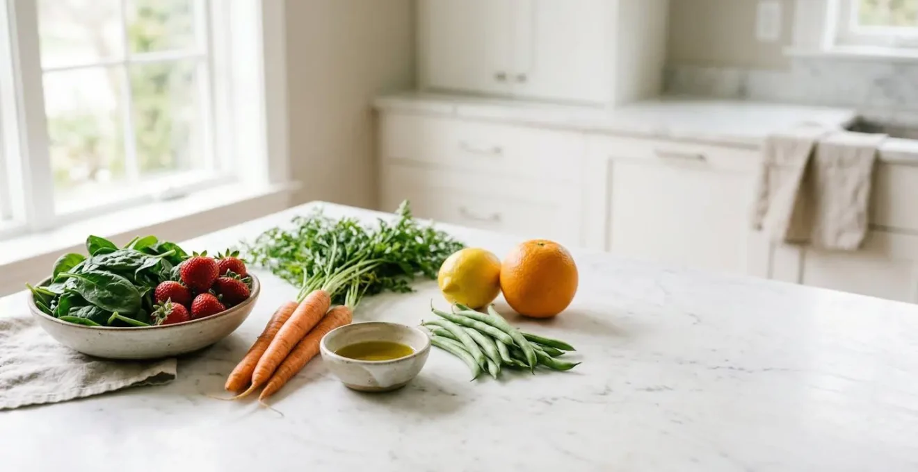Vibrant kitchen scene showing colorful fresh vegetables and fruits paired together on a wooden cutting board