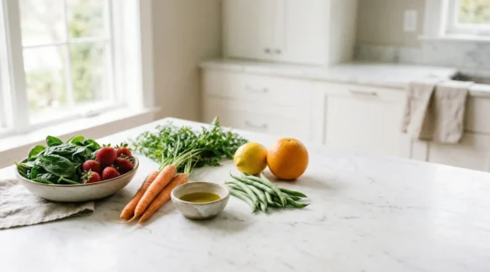 Vibrant kitchen scene showing colorful fresh vegetables and fruits paired together on a wooden cutting board