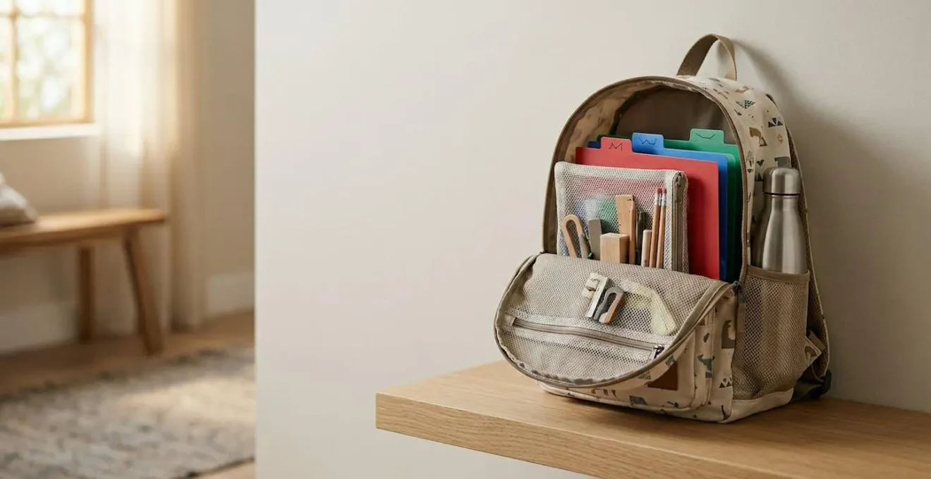Organized school backpack with transparent pouches and color-coded folders representing a mobile command center for children