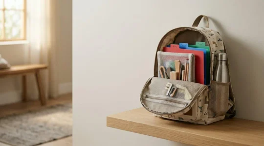 Organized school backpack with transparent pouches and color-coded folders representing a mobile command center for children