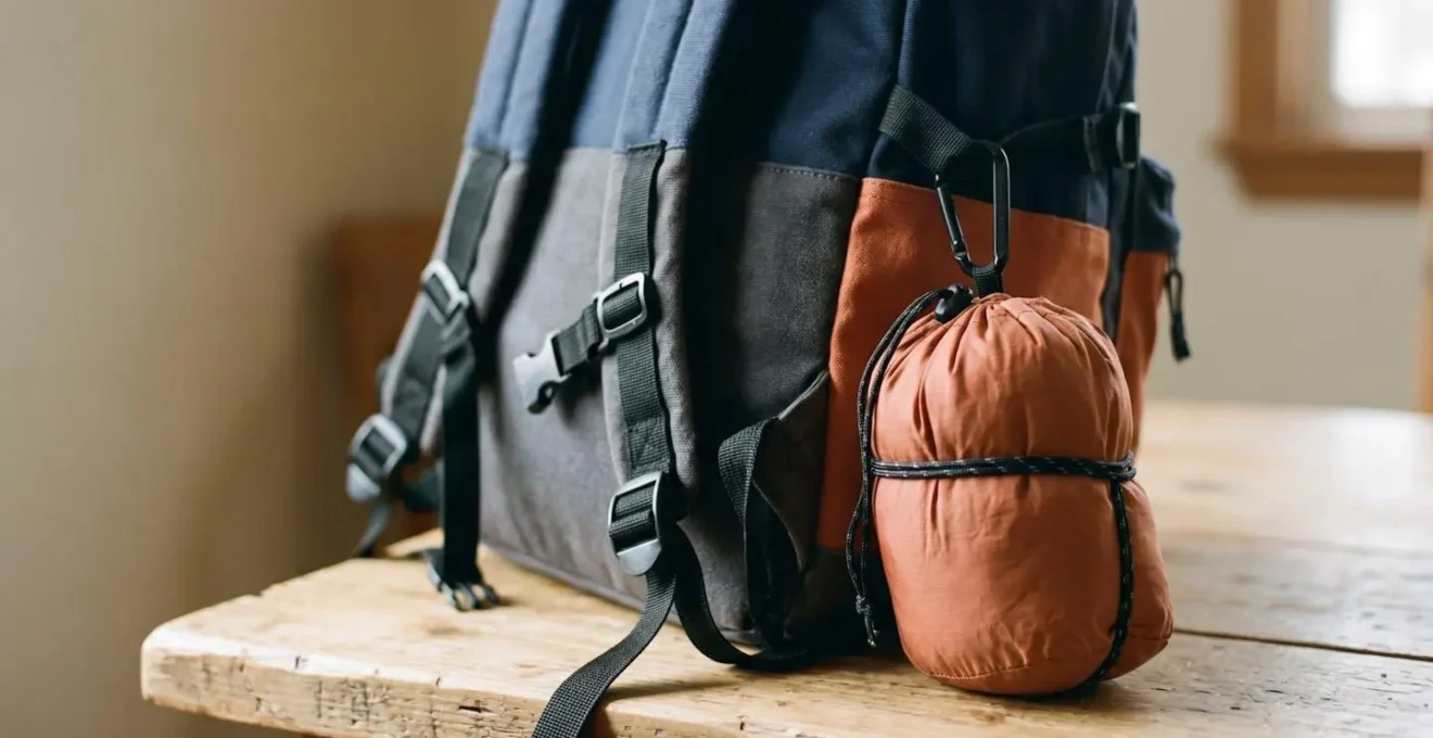 Lightweight packable jacket compressed into small pouch attached to exterior of school backpack