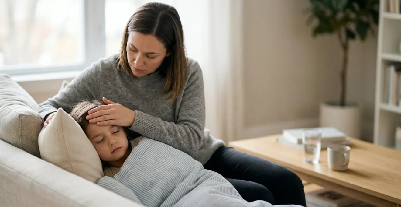 Caring parent gently checking sick child's temperature in bright, calm home setting
