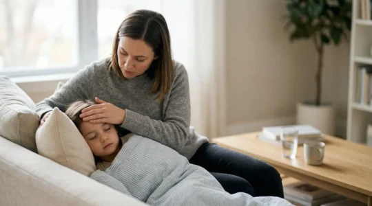 Caring parent gently checking sick child's temperature in bright, calm home setting