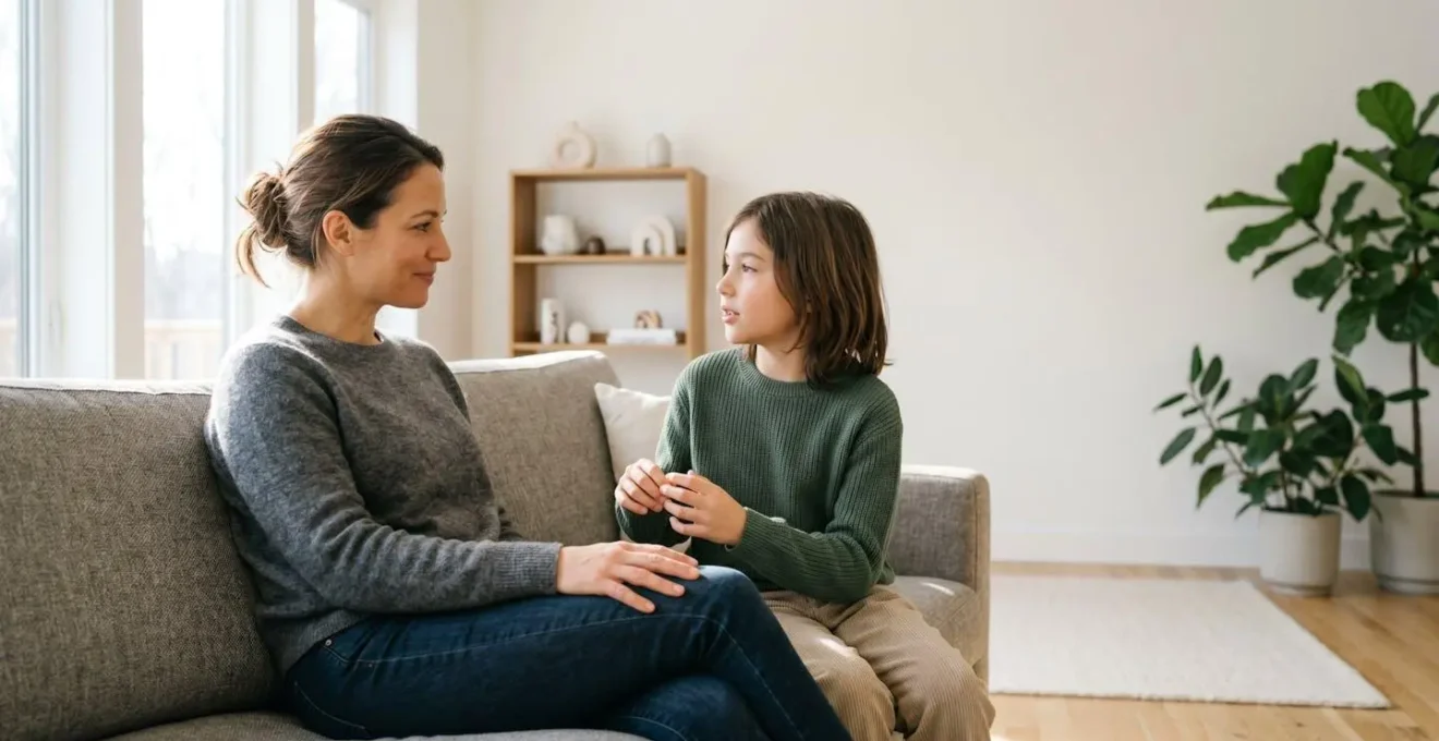 Parent and child having a calm, supportive conversation at home, sitting together on a couch with open body language showing trust and communication.