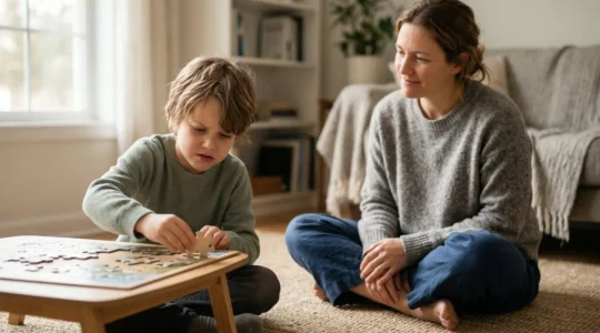 Parent and child engaged in a thoughtful learning moment together