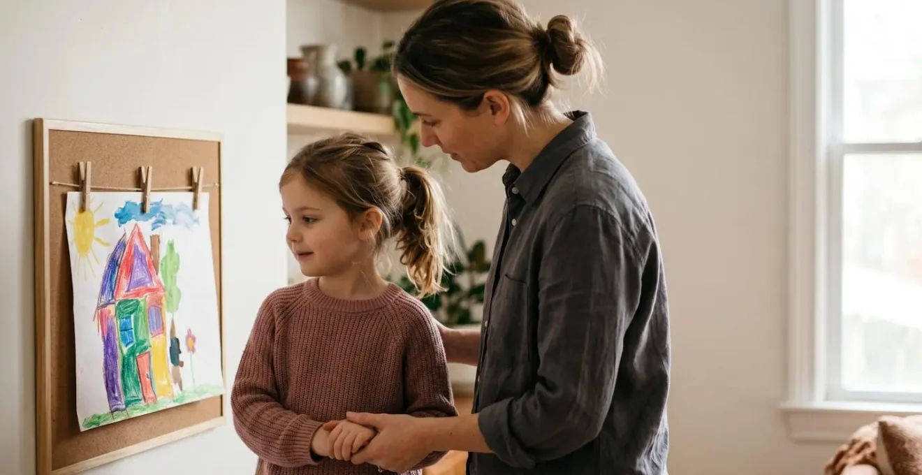 Parent and child viewing child's displayed artwork together in warm, supportive moment of connection
