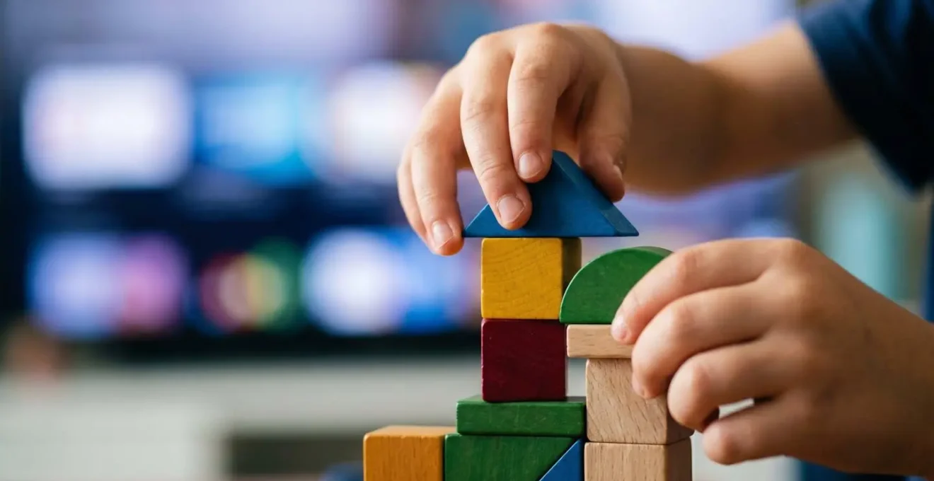 Visual metaphor contrasting passive screen consumption with active hands-on creative building play through abstract representation