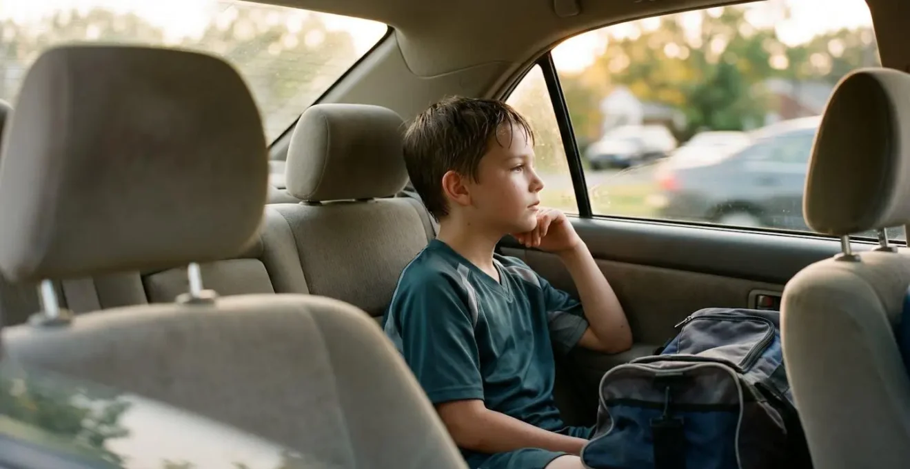 Interior view of a car with a child in the back seat looking out the window during the golden hour, creating a peaceful atmosphere for a quiet decompression moment after a game.