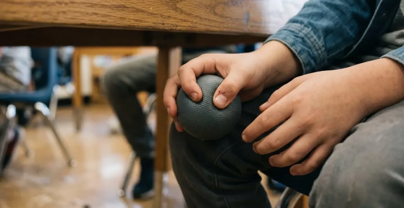 Child's hands gently manipulating stress ball under desk during classroom learning