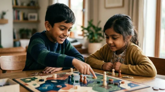 Two children engaged in cooperative play activity showing healthy sibling interaction