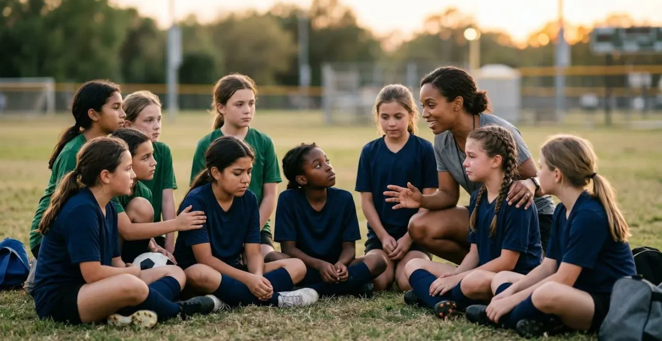 Youth soccer team sitting together on field after game, coach kneeling at eye level with supportive body language, showing resilient sportsmanship moment
