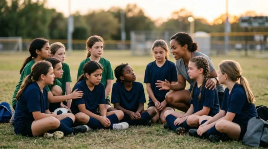 Youth soccer team sitting together on field after game, coach kneeling at eye level with supportive body language, showing resilient sportsmanship moment