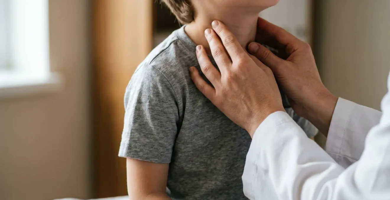 Close-up of medical consultation focusing on thyroid health assessment in a clinical setting with warm natural light