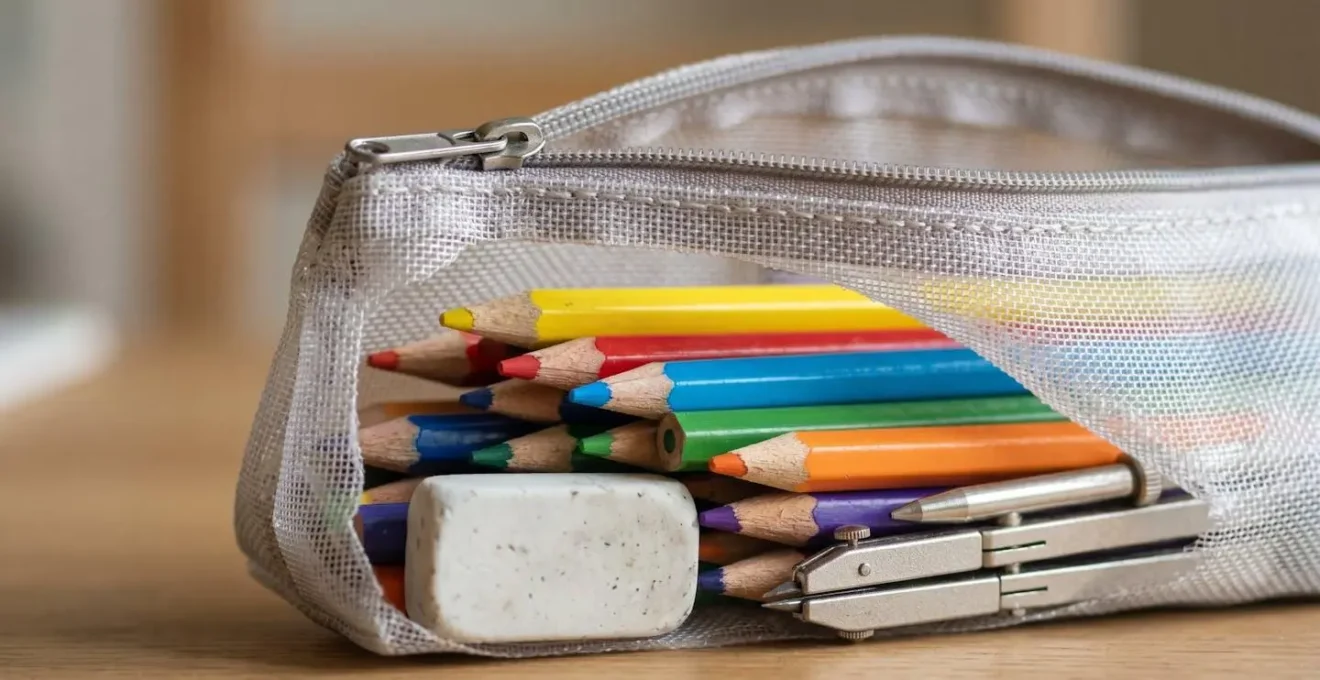 Close-up of a single transparent mesh pouch filled with colorful school supplies showing visible organization for children with ADHD