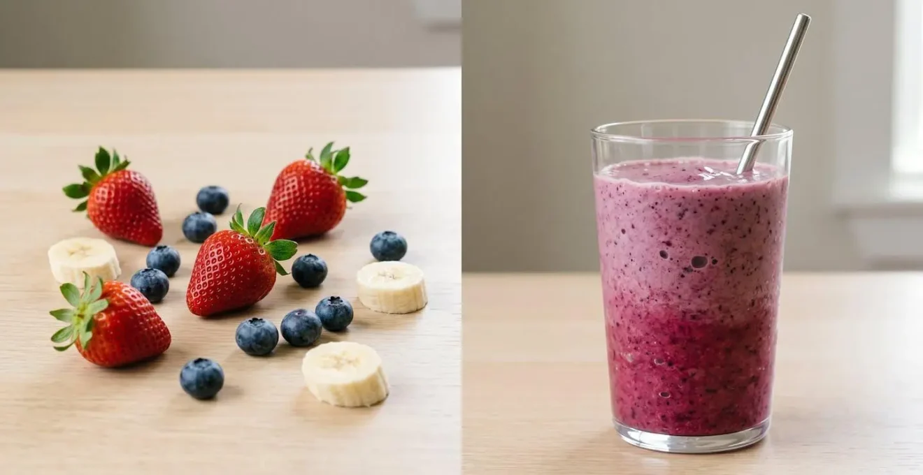 Side-by-side comparison showing fresh whole berries on one side and a vibrant smoothie in a clear glass on the other