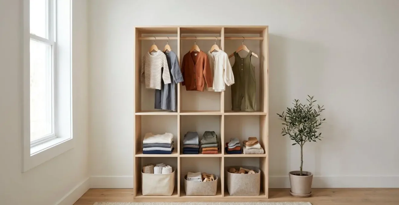 Minimalist kids wardrobe with coordinated clothing items creating multiple outfit options