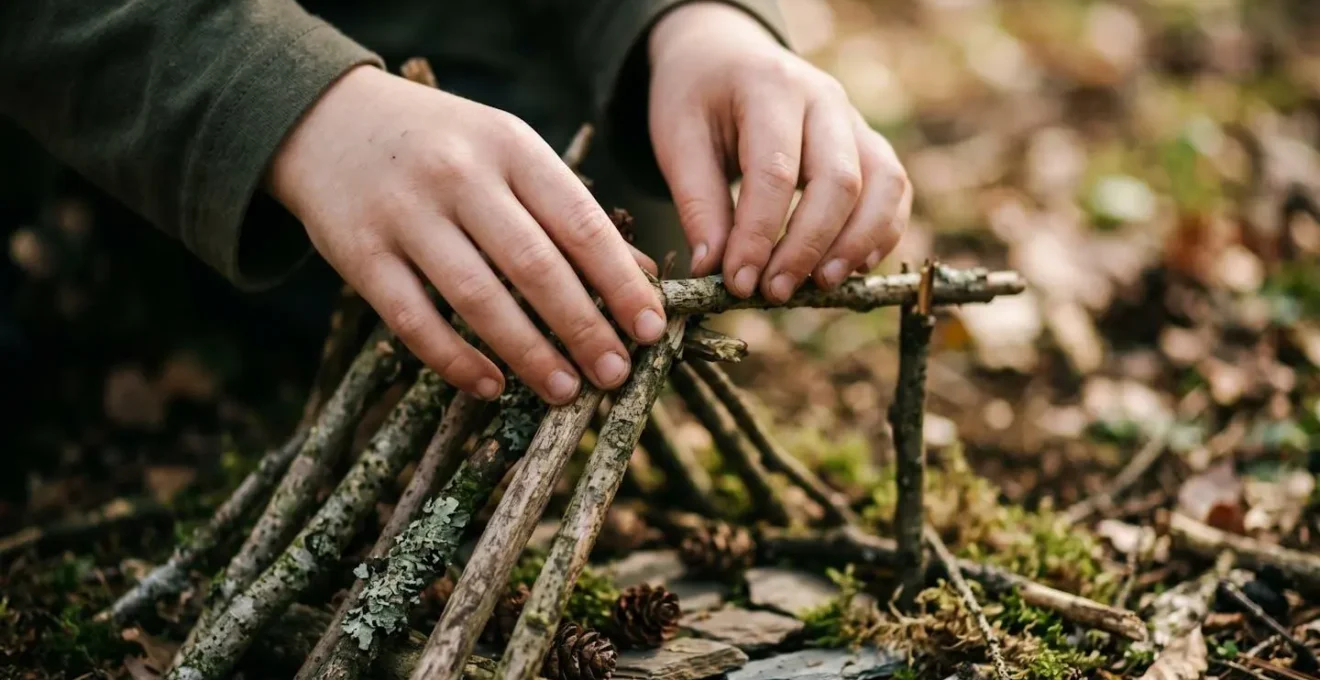 Close-up of child's hands building miniature structure with collected sticks and natural materials in forest