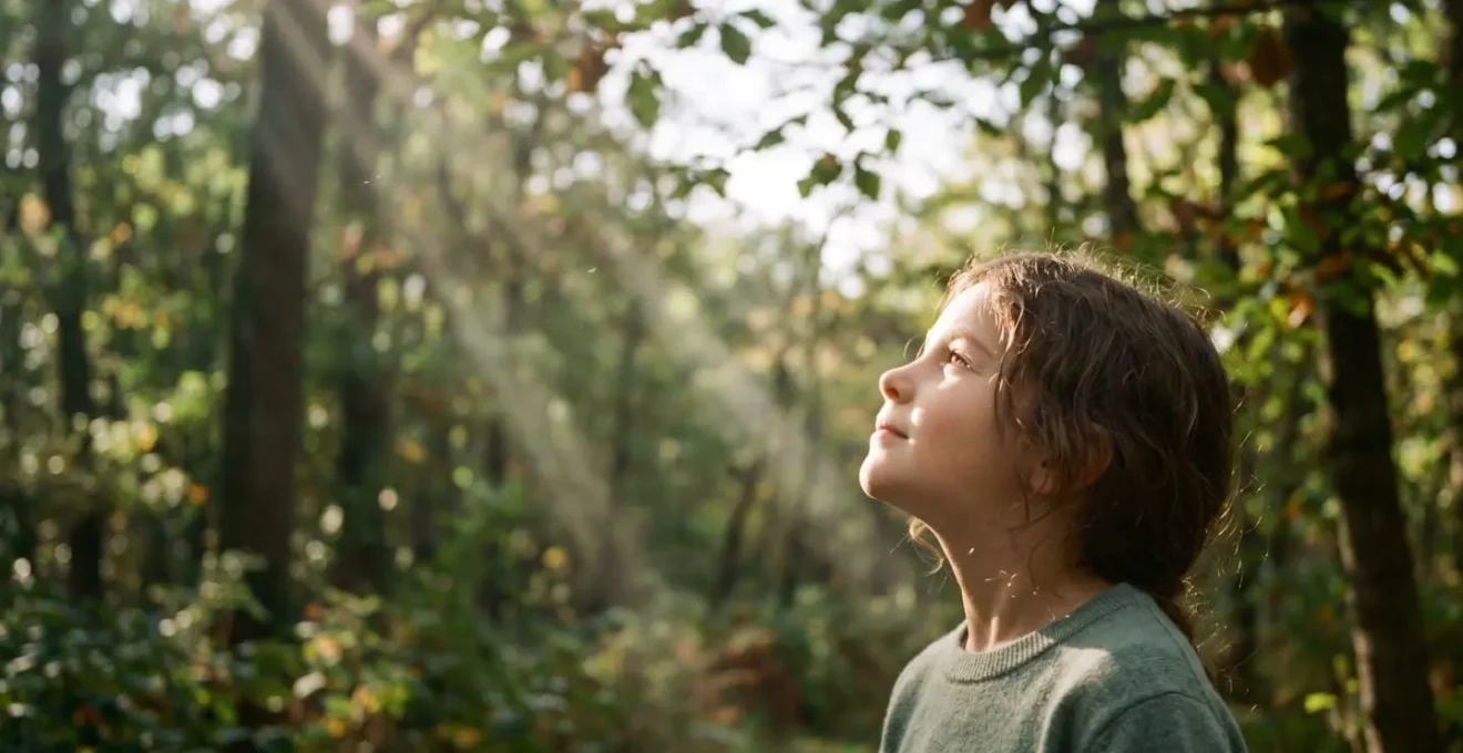Child looking upward through forest canopy with natural sunlight illuminating face and eyes
