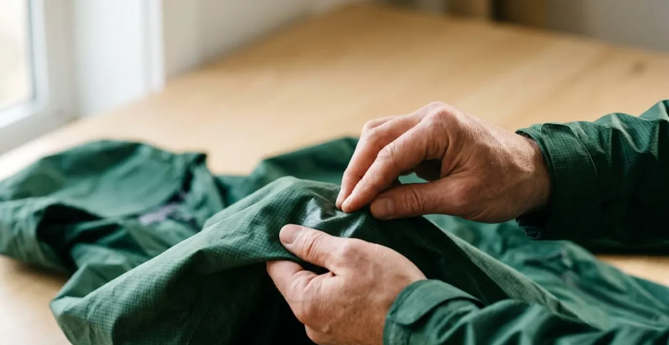 Close-up of hands carefully applying water-repellent treatment spray to technical jacket fabric in natural light