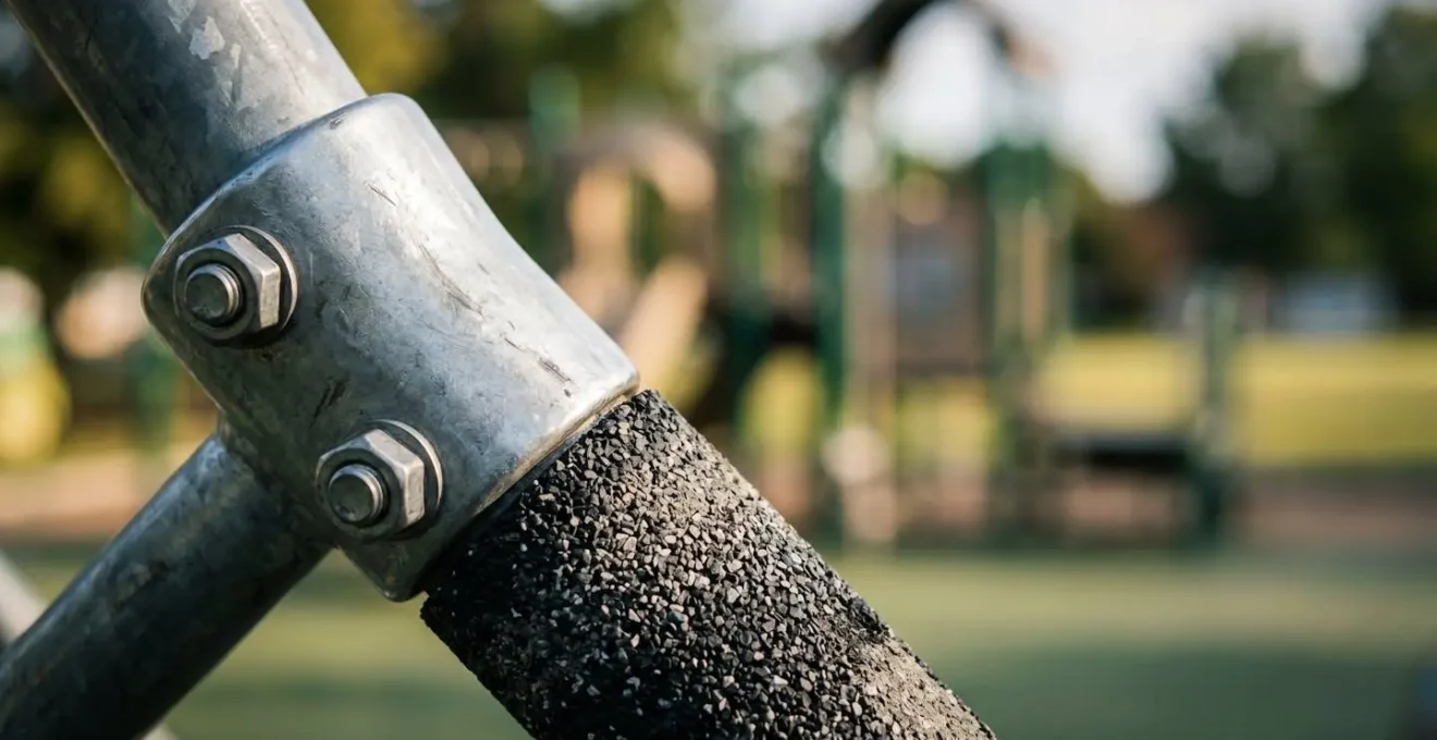 Close-up of playground climbing structure with dramatic lighting showing potential snag points where jewelry could catch