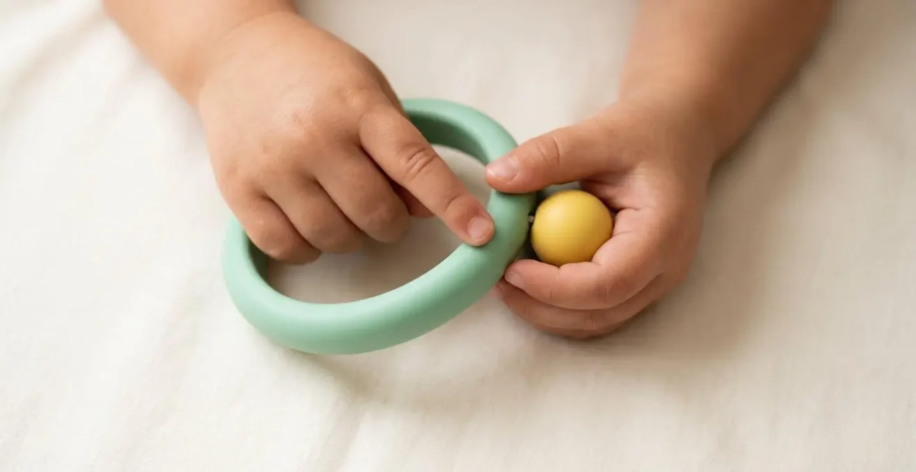 Intimate close-up of toddler's small hands exploring colorful safe jewelry pieces on clean surface