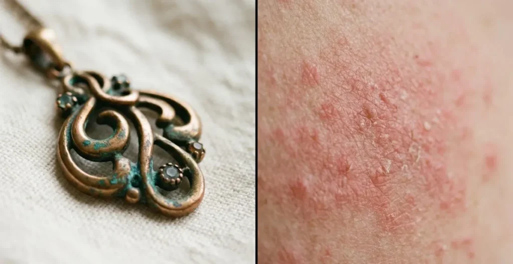 Symbolic comparison showing metal oxidation process versus allergic skin reaction without text or diagrams Symbolic comparison showing metal oxidation process versus allergic skin reaction without text or diagrams